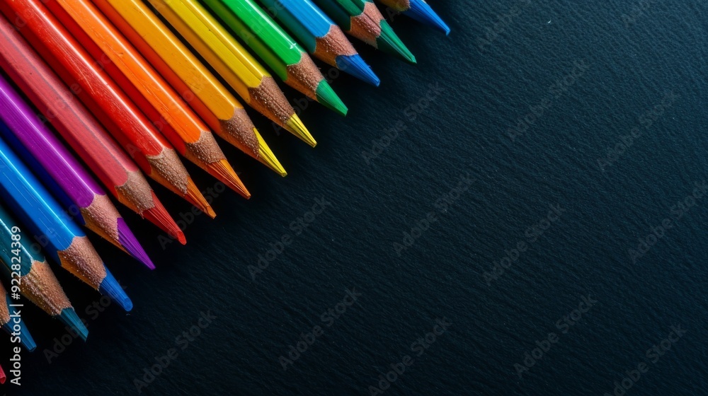 This image displays a row of sharpened multicolor pencils arranged neatly on a dark surface, highlighting their vibrant colors and sharp tips against the contrasting background. This image displays a row of sharpened multicolor pencils arranged neatly on a dark surface, highlighting their vibrant colors and sharp tips against the contrasting background.