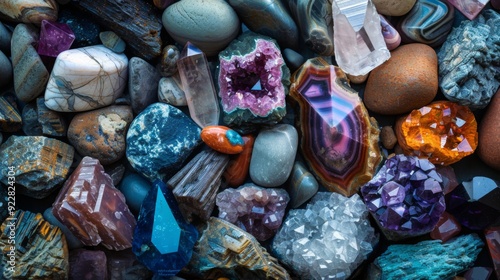 This vibrant image showcases a diverse assortment of polished gemstones and minerals, highlighting their various colors, shapes, and textures in a visually appealing arrangement. photo