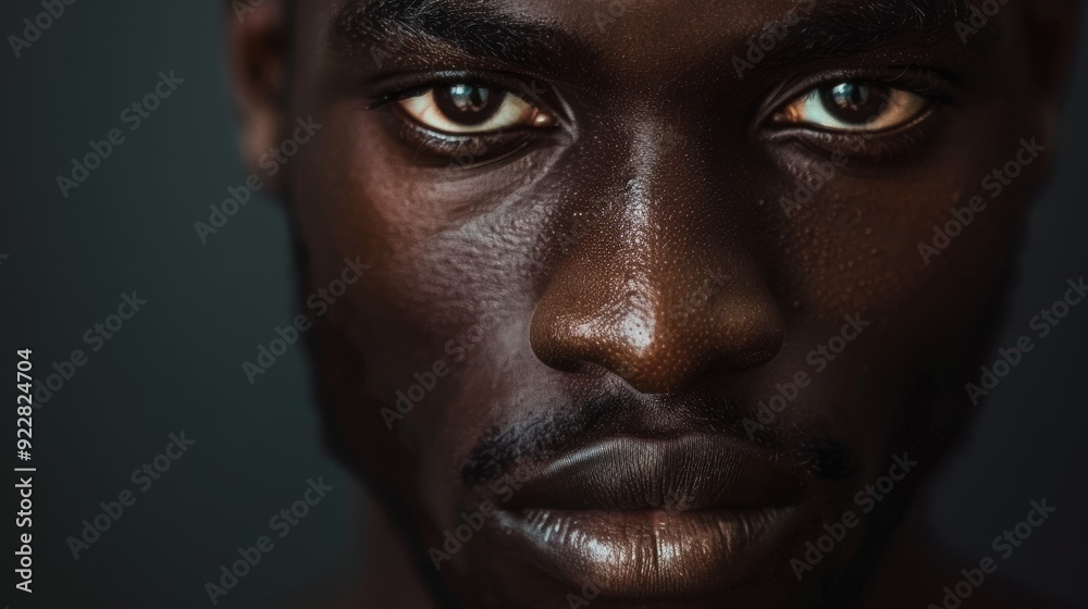 Close-up portrait of a man with intense expression, highlighting his textured skin and deep, soulful eyes against a dark background..