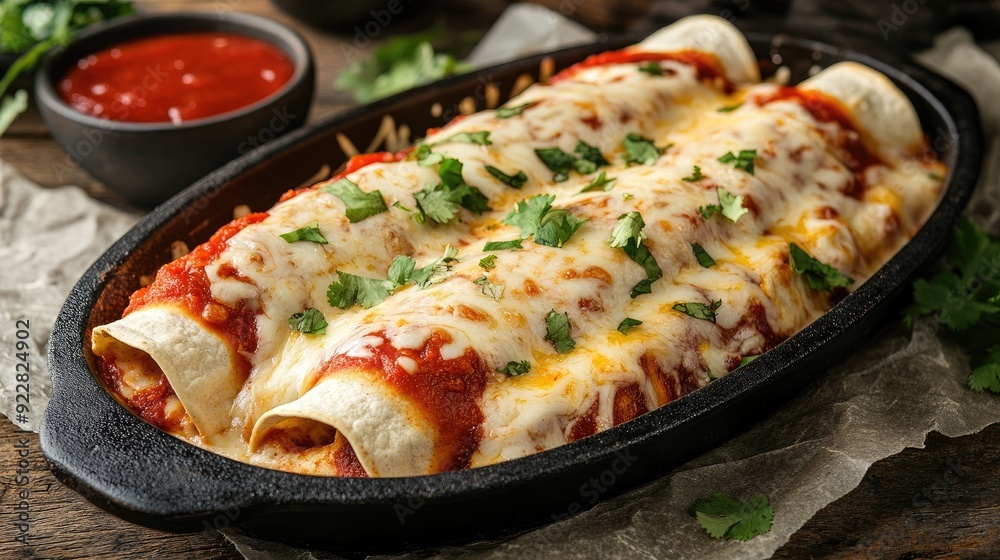 Mexican enchiladas filled with cheese and chicken, topped with red sauce and melted cheese.