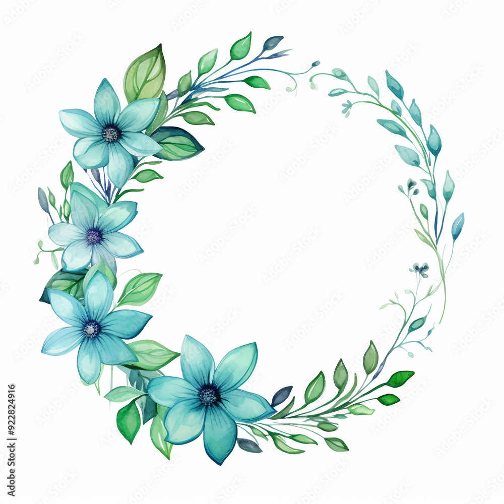 Fototapeta premium Watercolor cyan flowers and green leaves circular frame