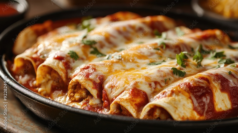 Mexican enchiladas filled with cheese and chicken, topped with red sauce and melted cheese. Mexican enchiladas filled with cheese and chicken, topped with red sauce and melted cheese.
