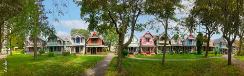 colorful gingerbread houses, cottages in Oak Bluffs center, Martha's Vineyard island in Massachusetts USA on a sunny summer day photo