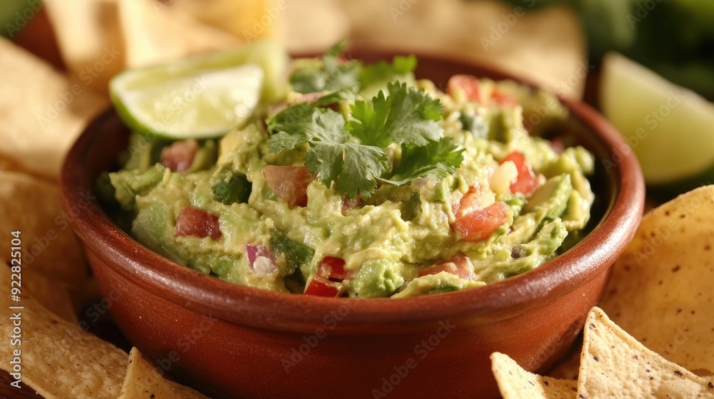 Mexican guacamole with fresh avocado, lime, and cilantro, served with tortilla chips. Mexican guacamole with fresh avocado, lime, and cilantro, served with tortilla chips.