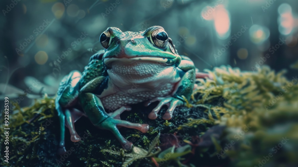 A vibrant green frog rests on a mossy surface, surrounded by nature, highlighting the beauty of amphibians in their natural habitat.. A vibrant green frog rests on a mossy surface, surrounded by nature, highlighting the beauty of amphibians in their natural habitat..