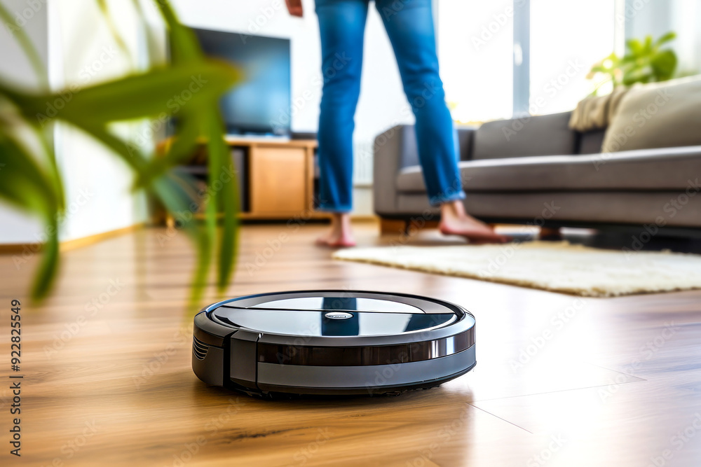 A black robot vacuum cleaner is cleaning the floor in a bright living room with a gray sofa and wooden elements. Concept of smart home technology and automation enhancing modern living spaces
