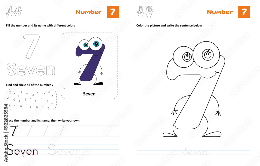 Trace And Color Number 7 Worksheet Counting Finger Cursive Trace and color number 7 worksheet counting finger cursive