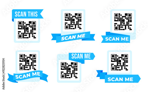 QR code ribbon set. Shortened link to webpage. Barcodes with text scan me. Marketing and electronic commerce. Poster or banner for website. Flat vector collection isolated on white background
