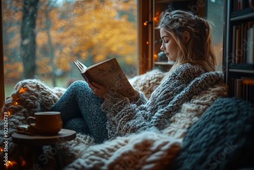Woman reading a book in a cozy sweater, enjoying a peaceful autumn afternoon indoors with warm light, a blanket, and a view of orange leaves outside the window
