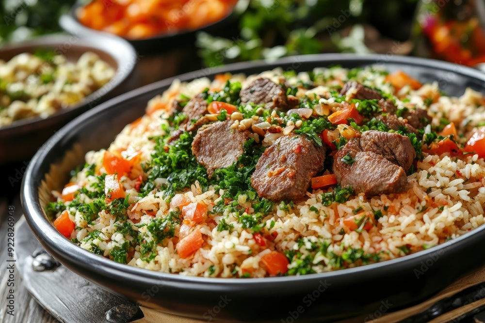 Kabsa, hummus, maqluba, maqluba, tabbouleh close-up, rice and meat dish, middle eastern national traditional food. Muslim family dinner, Ramadan, iftar. - generative ai Kabsa, hummus, maqluba, maqluba, tabbouleh close-up, rice and meat dish, middle eastern national traditional food. Muslim family dinner, Ramadan, iftar. - generative ai
