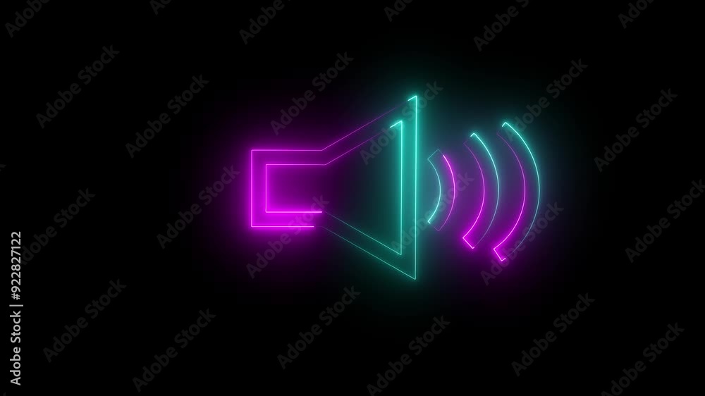 neon pink and purple color sound icon audio music speaker animation on black background. neon pink and purple color sound icon audio music speaker animation on black background.