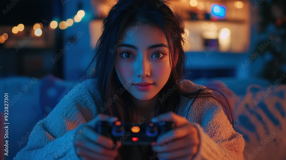 Woman playing video game with a controller. Woman playing video game with a controller.