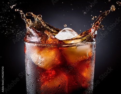 Cold cola drink in a glass with a splash effect