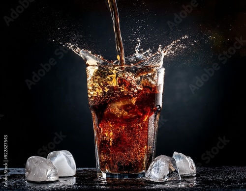 Cold cola drink in a glass with a splash effect