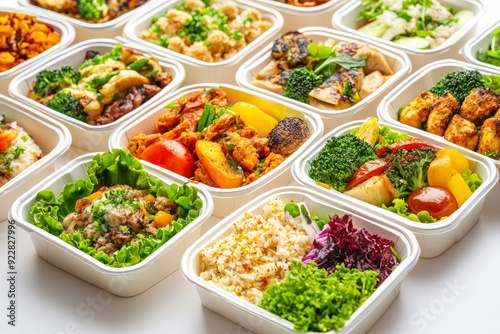 Restaurant healthy food delivery in take away boxes for daily nutrition on white background - generative ai