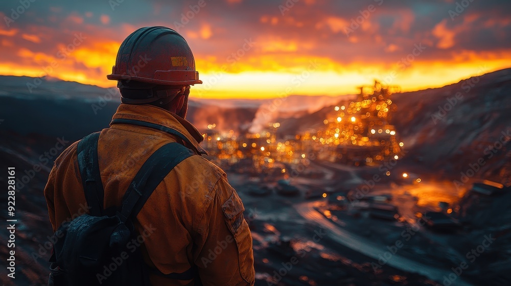 Worker Looking at Mine at Sunset. Worker Looking at Mine at Sunset.