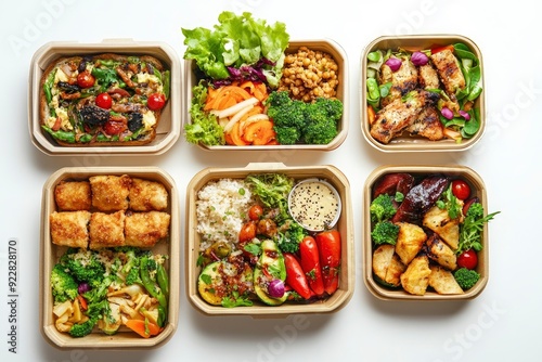 Restaurant healthy food delivery in take away boxes for daily nutrition on white background - generative ai