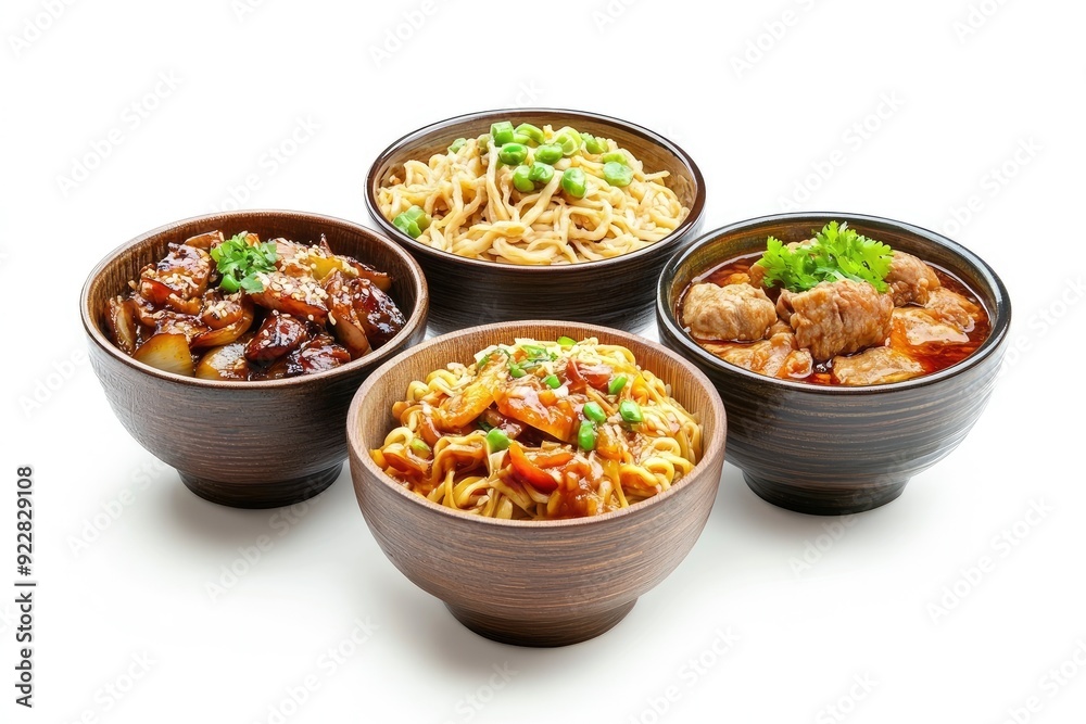 Set of bowls with tasty Chinese food on white background - generative ai Set of bowls with tasty Chinese food on white background - generative ai