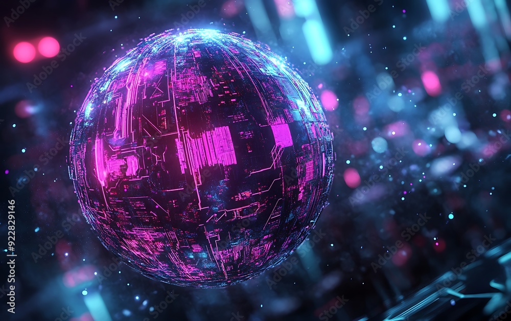 Abstract Glowing Sphere with Intricate Geometric Patterns and Circuits Floating in a Digital Starry Space Abstract Glowing Sphere with Intricate Geometric Patterns and Circuits Floating in a Digital Starry Space