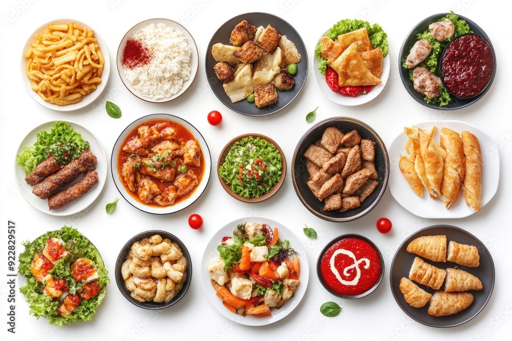 set of various plates of food isolated on a white background, top view - generative ai set of various plates of food isolated on a white background, top view - generative ai