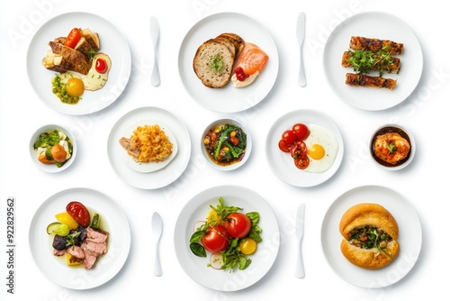 set of various plates of food isolated on a white background, top view - generative ai