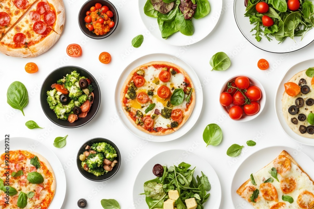 set of various plates of food isolated on a white background, top view - generative ai set of various plates of food isolated on a white background, top view - generative ai