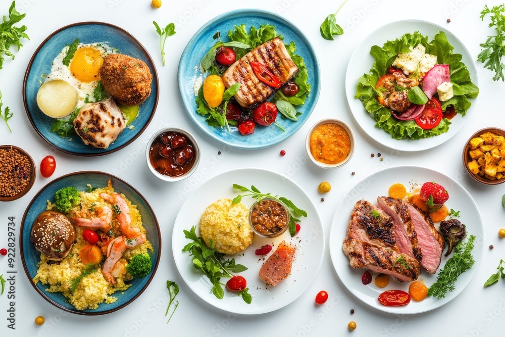 set of various plates of food isolated on a white background, top view - generative ai set of various plates of food isolated on a white background, top view - generative ai