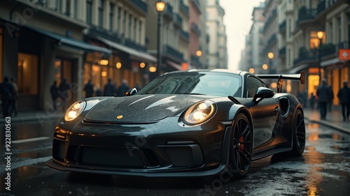 Sleek Black Sports Car on Wet Urban Street at Dusk - Luxury Racing Automobile in City