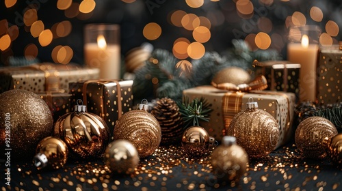 Golden Christmas Ornaments and Gifts with Bokeh Lights