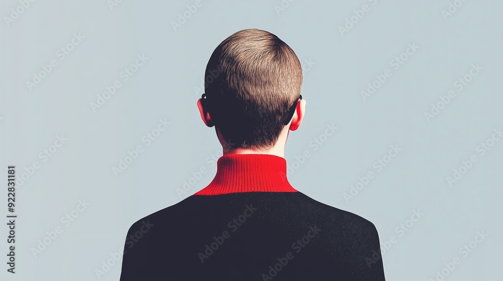 the back of a person's head, wearing a red turtleneck against a minimalist background the back of a person's head, wearing a red turtleneck against a minimalist background