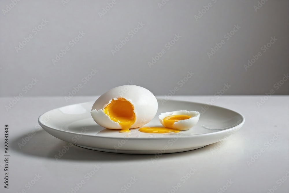 A single egg with a clean, precise crack is resting on a light gray ceramic plate A single egg with a clean, precise crack is resting on a light gray ceramic plate