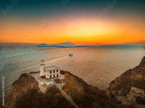 lighthouse of baia, bacoli, monte di procida at sunset, italy