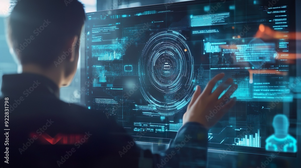 A man is looking at a computer screen with a blue circle on it A man is looking at a computer screen with a blue circle on it