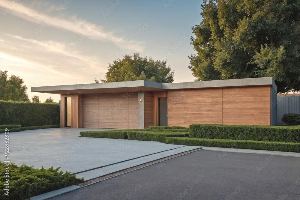 Fototapeta premium A minimalist garage with a natural wood door and a flat roof is positioned in a serene setting.