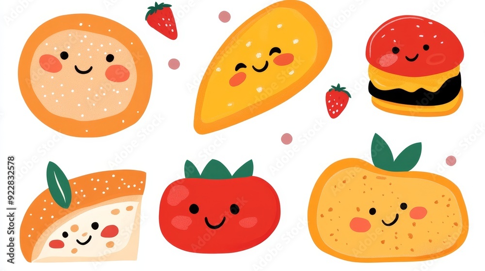 Cute kawaii food characters with smiling faces Cute kawaii food characters with smiling faces