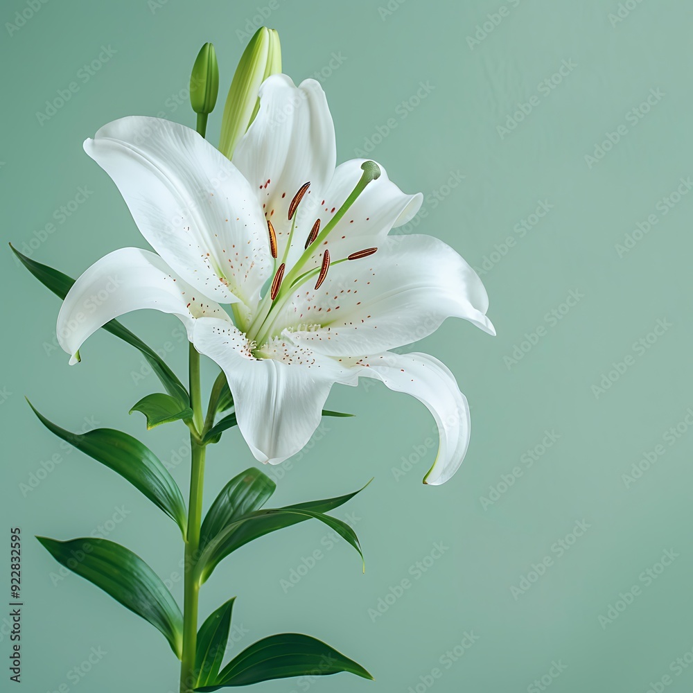 Fototapeta premium White lilies on a green background. Template for greeting card.