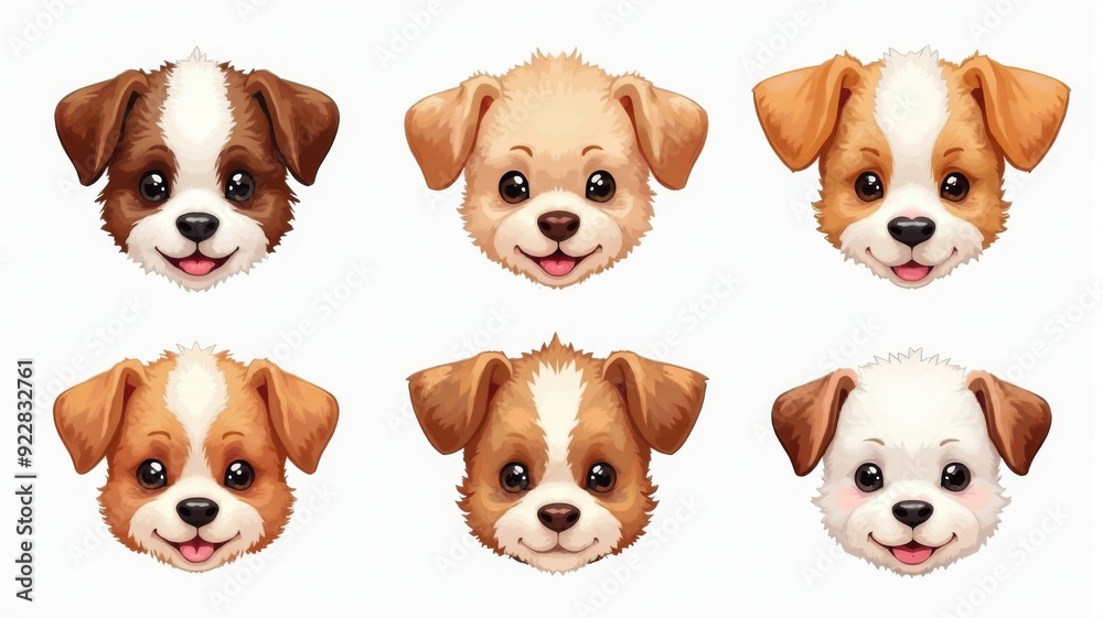Obraz premium Cute Cartoon Puppy Faces Collection - Adorable Dog Illustrations for Kids' Products, Stationery, and Merchandise