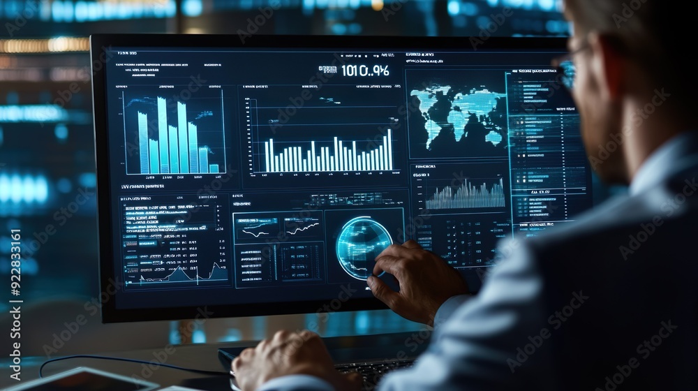 A man is working on a computer monitor with a lot of graphs and numbers A man is working on a computer monitor with a lot of graphs and numbers