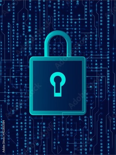 Blue Padlock on Binary Circuit Background Illustrating Data Encryption and Security. photo