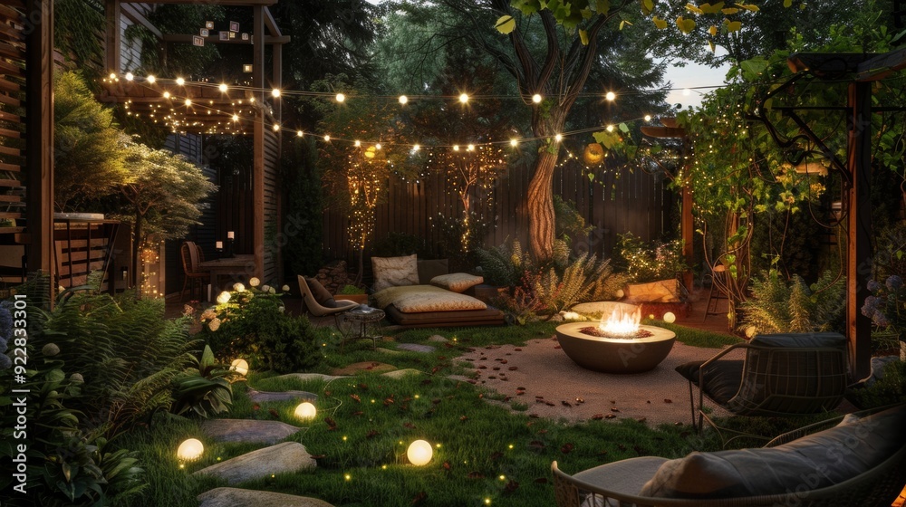 Fototapeta premium beautiful backyard decorated with lights and chairs