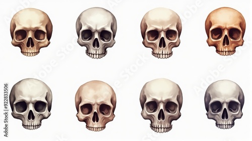 "Illustration of Human Skulls in Different Shades - Anatomy, Halloween, and Gothic Decor"