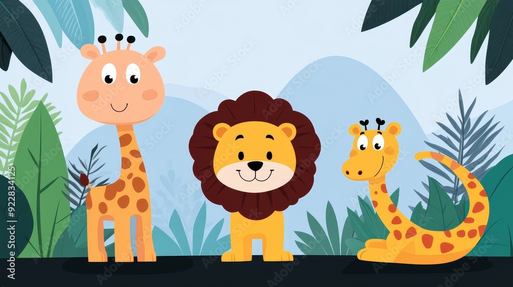 Naklejka premium Cartoon animals in a jungle with a playful lion, giggling giraffe, and sneaky snake, surrounded by tall trees and vibrant flora