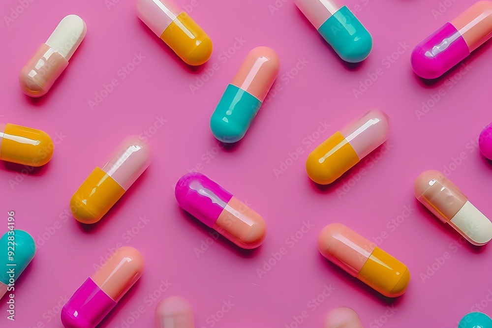 Creative pattern made of pills on pastel pink background. Flat lay, top view Creative pattern made of pills on pastel pink background. Flat lay, top view