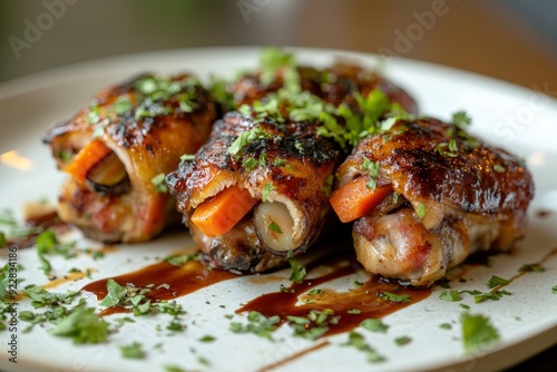 Stuffed Chicken Wings , Stuffed with carrot, mushroom. Served with BBQ sauce - generative ai