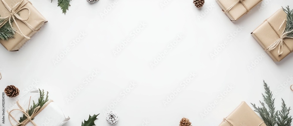 Rustic Christmas Gifts and Greenery on White Background