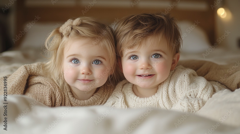 Two Little Siblings Playing Together On A Warm Bed In A Cozy Bedroom, Filled With Joy Two Little Siblings Playing Together On A Warm Bed In A Cozy Bedroom, Filled With Joy