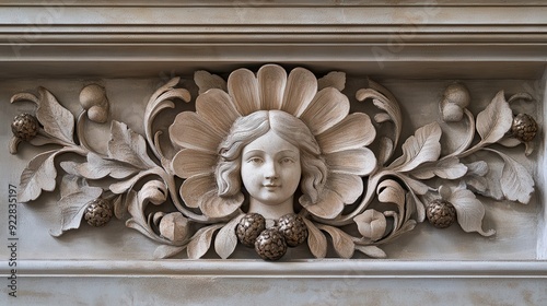 Gypsum moulding with bronze elements embedded on sandstone