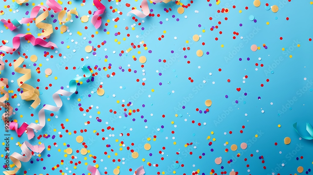 Colorful confetti and streamers on blue background. Colorful confetti and streamers on blue background.