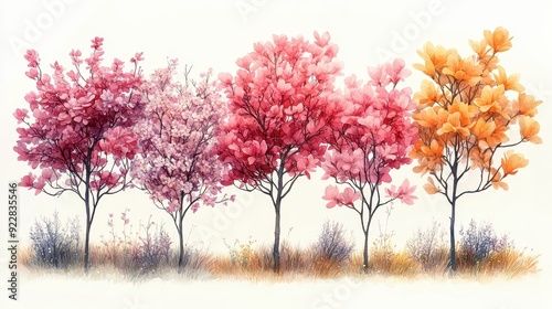 Watercolor Painting of Four Trees with Pink and Orange Blossoms.