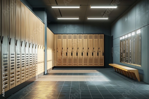 a modern locker room with wooden doors and lockers photo